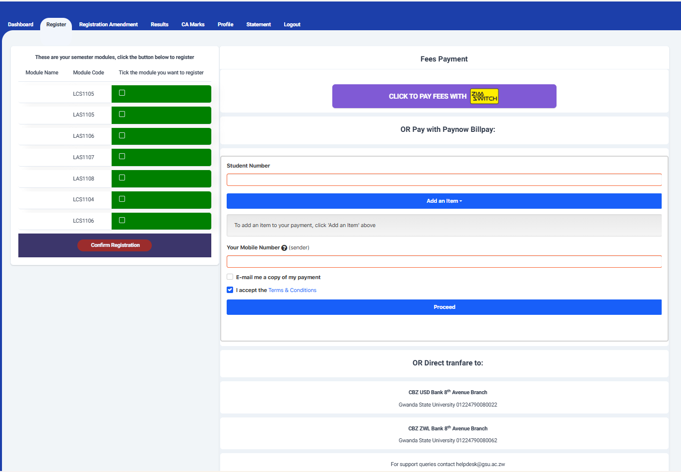 GSU student portal Register tab showing semester modules and fees payment
